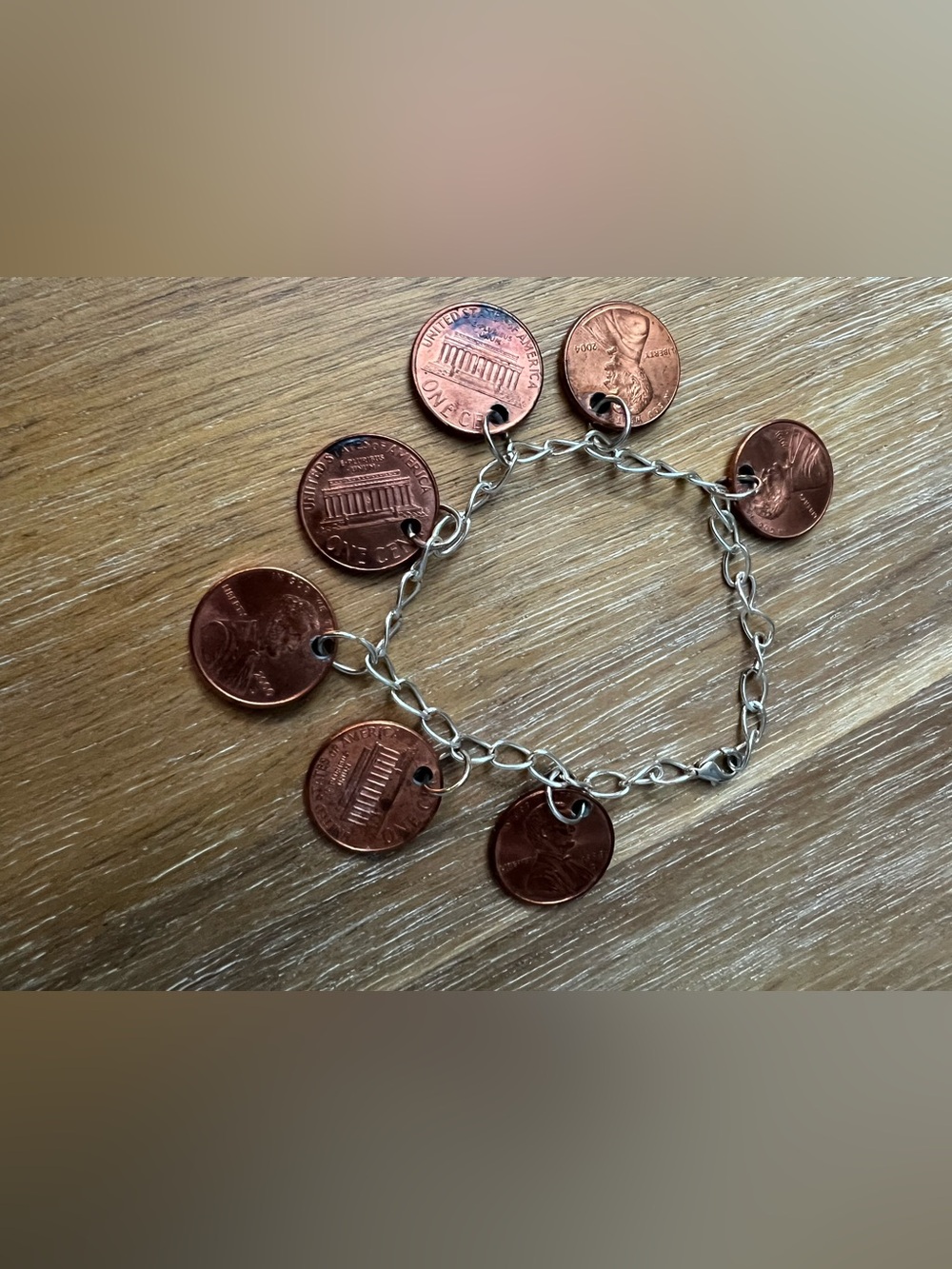 Copper Penny Charm Bracelet - Silver Chain with Penny Charms